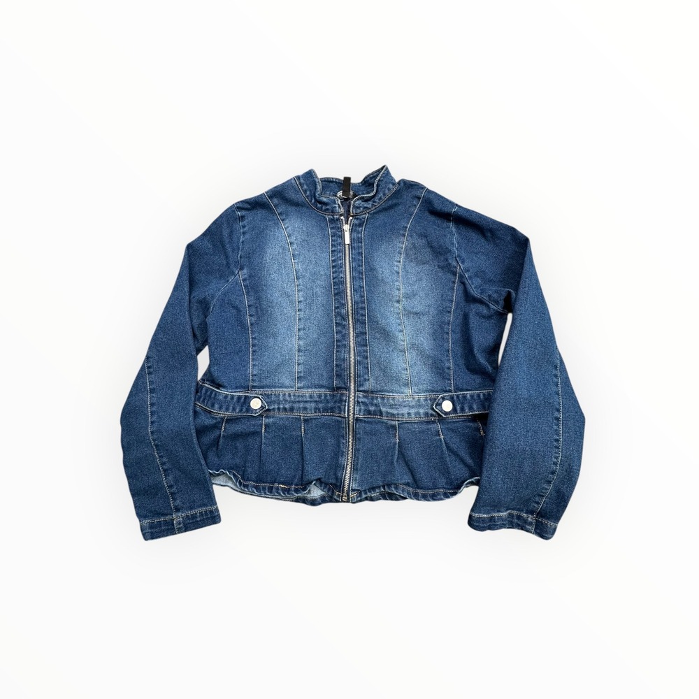 Baccini‎ Denim Jacket Womens PXL Blue Peplum Mock Neck Full Zip Stretch 3624